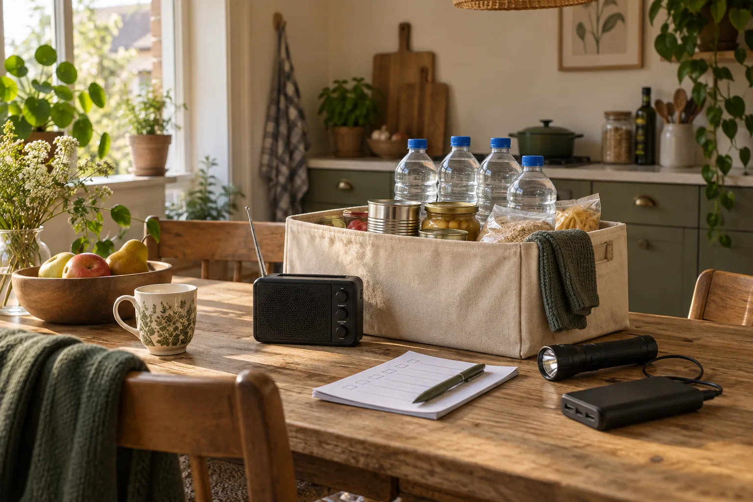 AI-sfeerbeeld van een krat met huishoudelijke noodvoorraad op een keukentafel