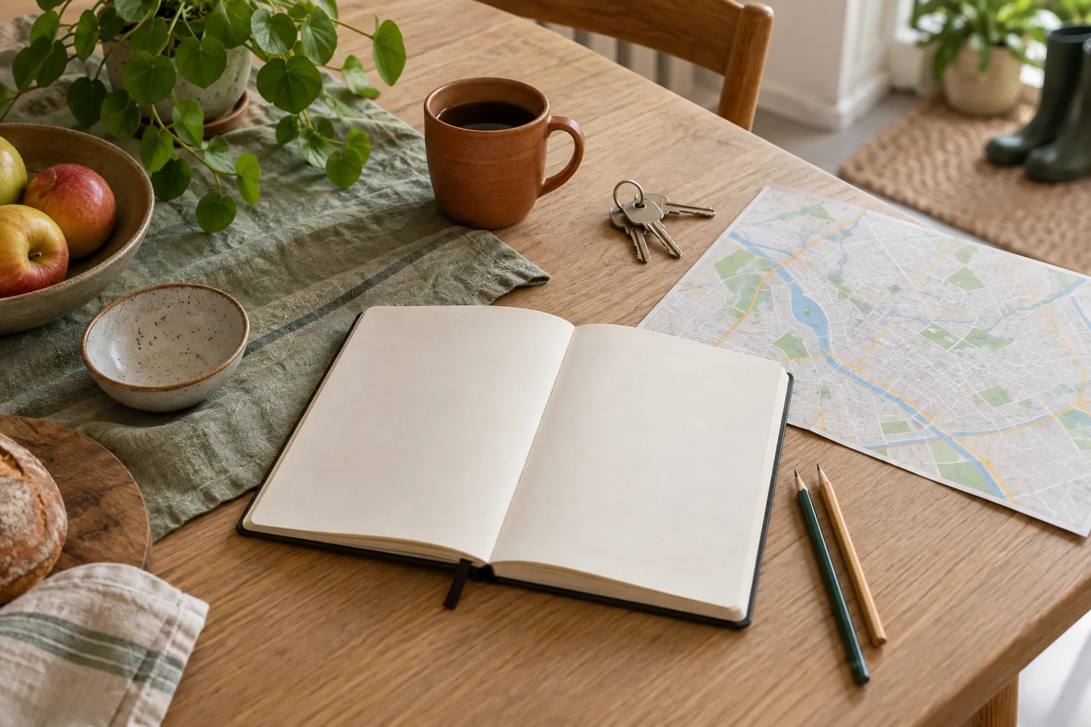 AI-sfeerbeeld van een notitieboek, huissleutels en plattegrond op tafel