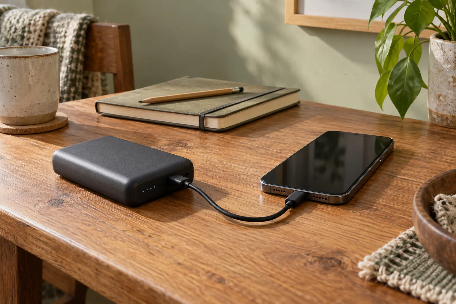 AI-sfeerbeeld van een powerbank met aangesloten telefoon op een houten tafel