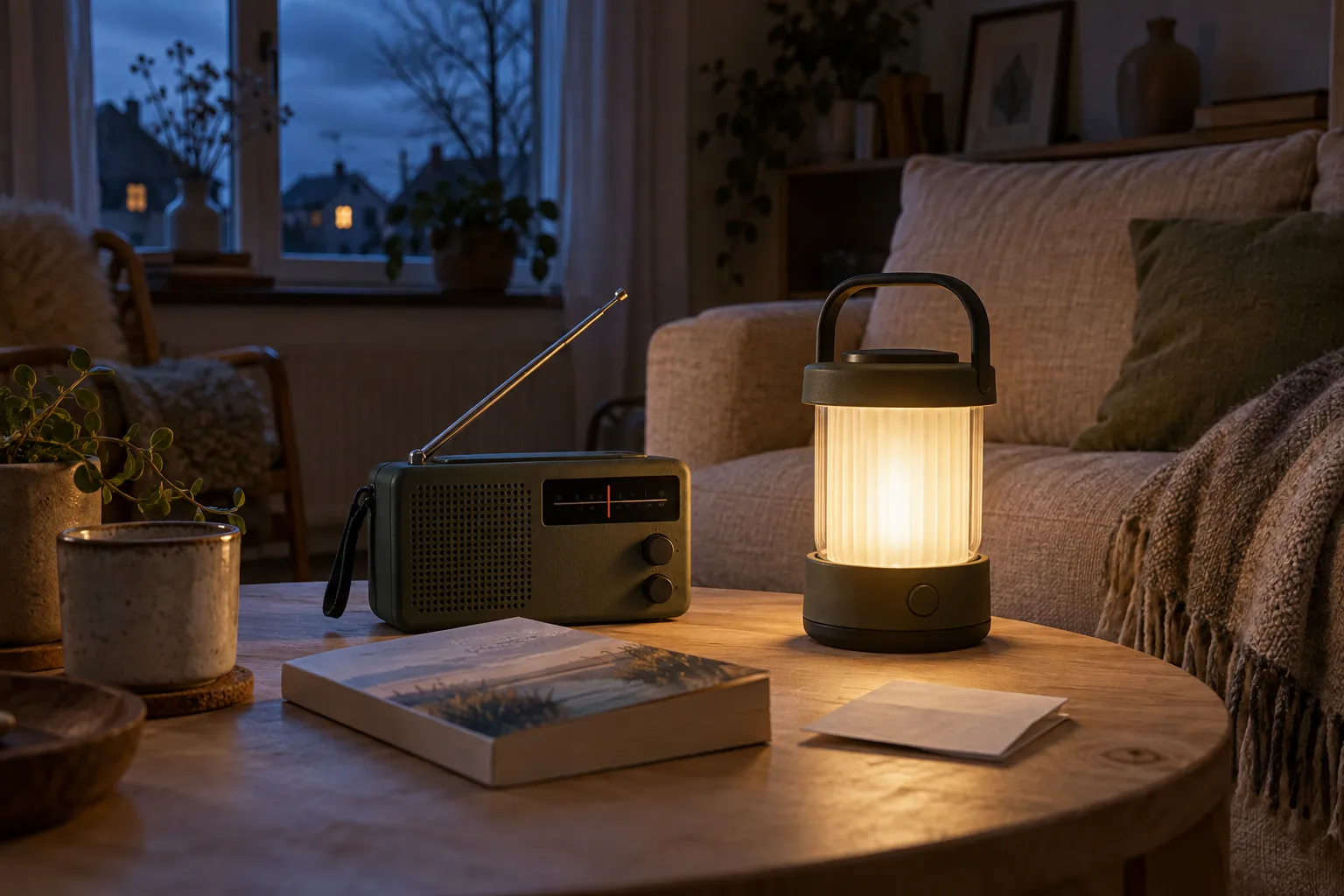 AI-sfeerbeeld van een radio en batterijlantaarn in een woonkamer