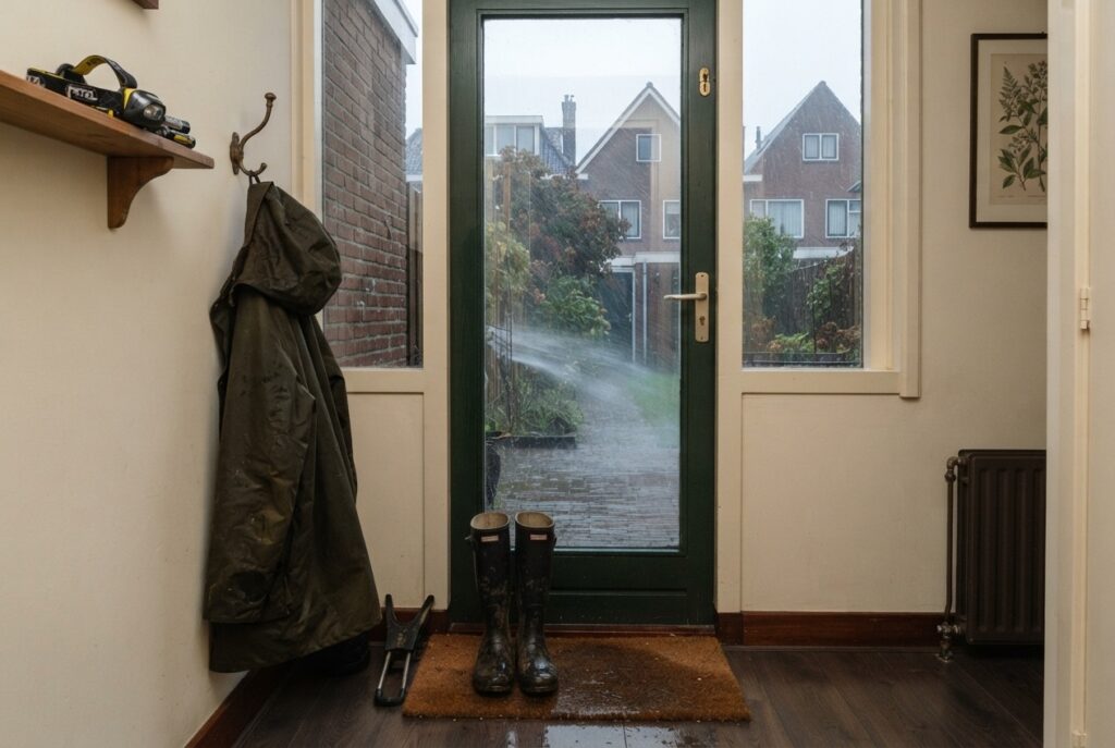 Hoge regenlaarzen, regenjas en hoofdlamp klaar bij de achterdeur tijdens een storm