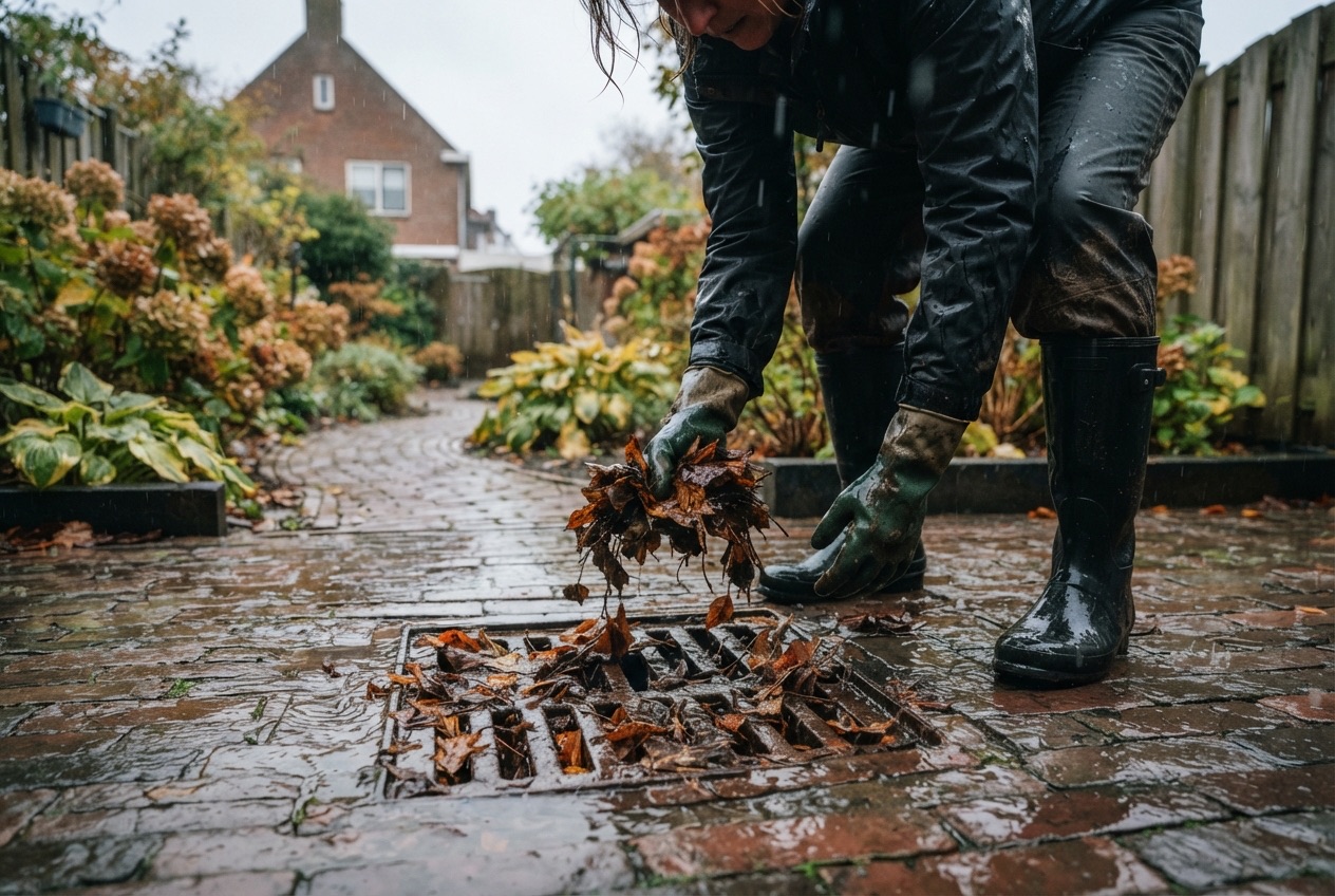 Blad uit een putje in de tuin halen in de regen