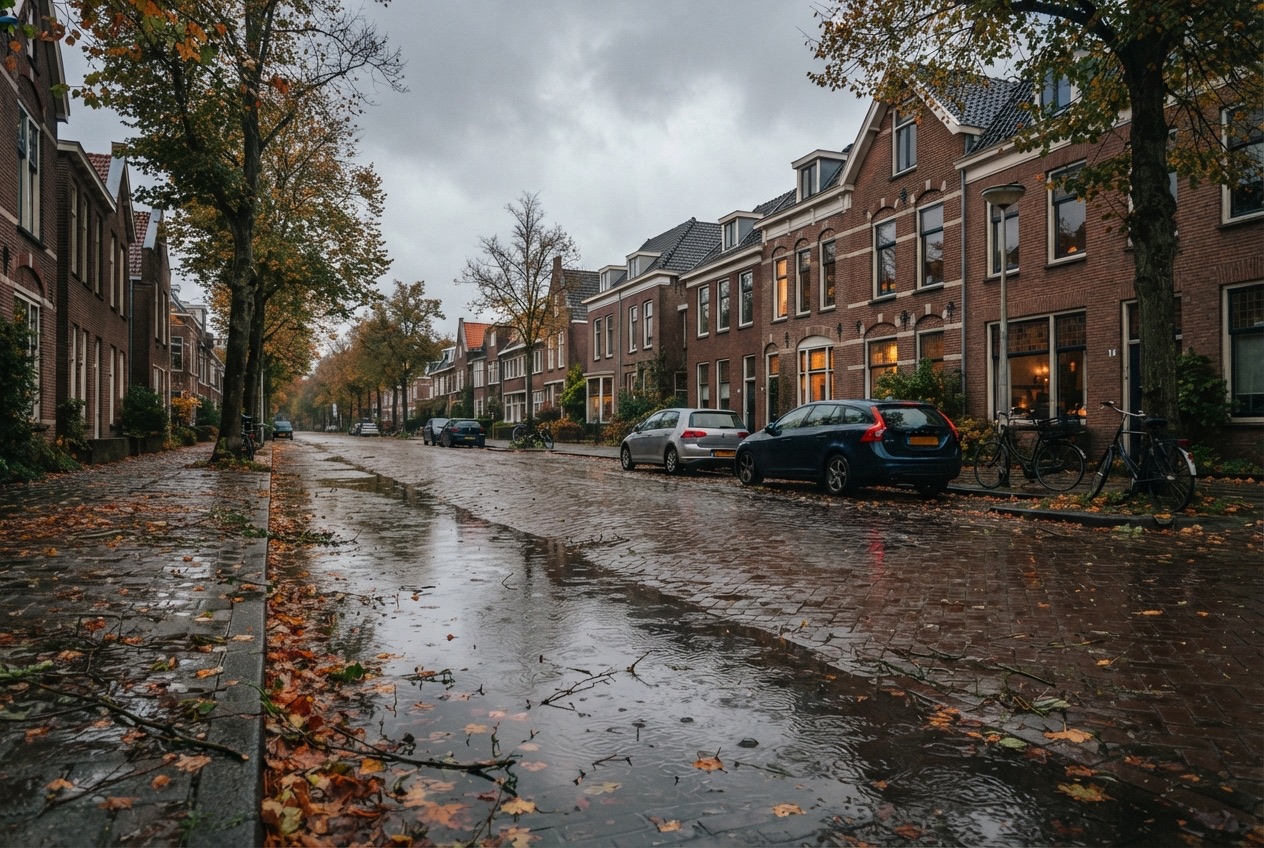 Woonstraat met wateroverlast en afgewaaide takken na een herfststorm